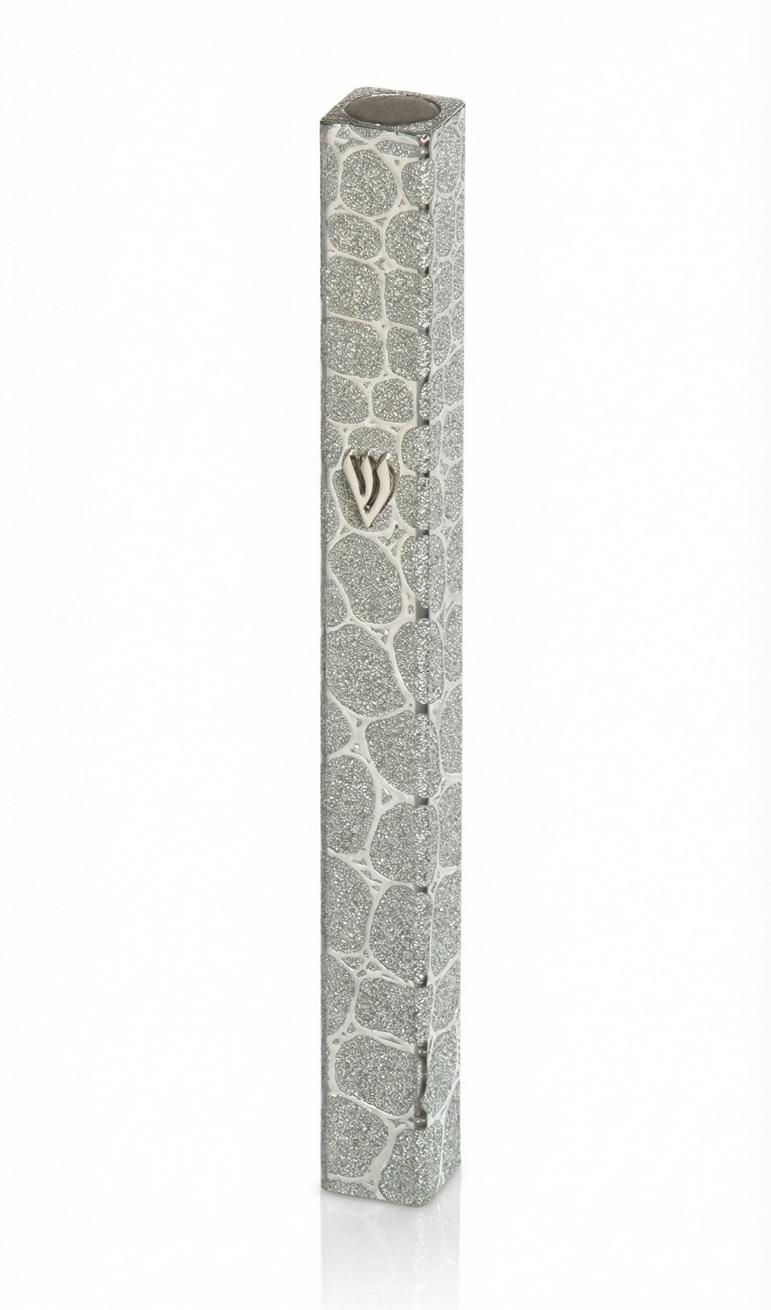 Sleek aluminum Elevate Mezuzah with screw cap, suitable for outdoor use, 5-inch size, on a white background with a soft reflection.