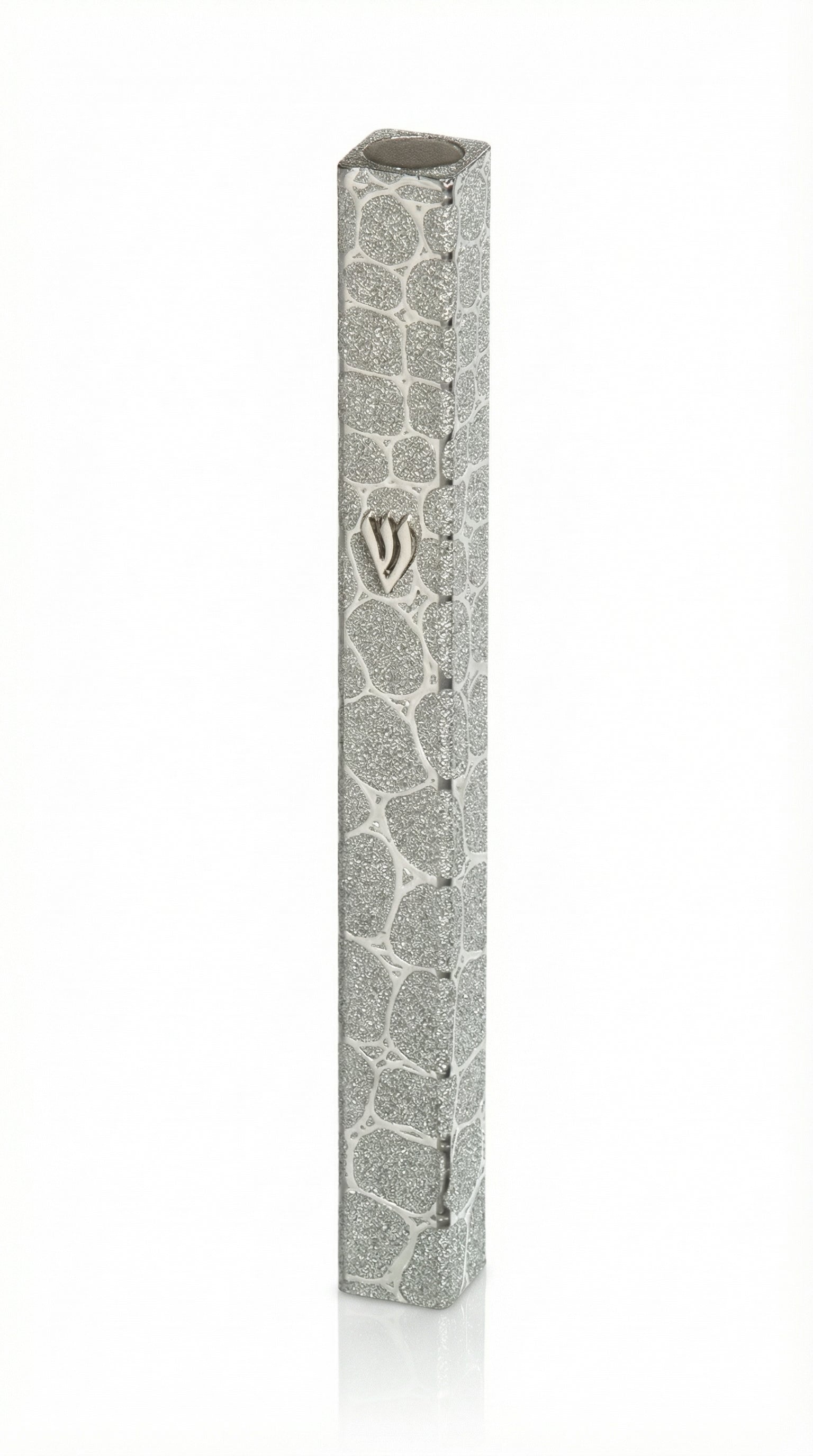 Sleek aluminum Elevate Mezuzah with screw cap, suitable for outdoor use, 5-inch size, on a white background with a soft reflection.