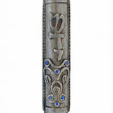 Eli Mezuzah crafted from pewter, 4 inches tall, designed for home doors, with detailed engraved Hebrew letters and decorative motifs.