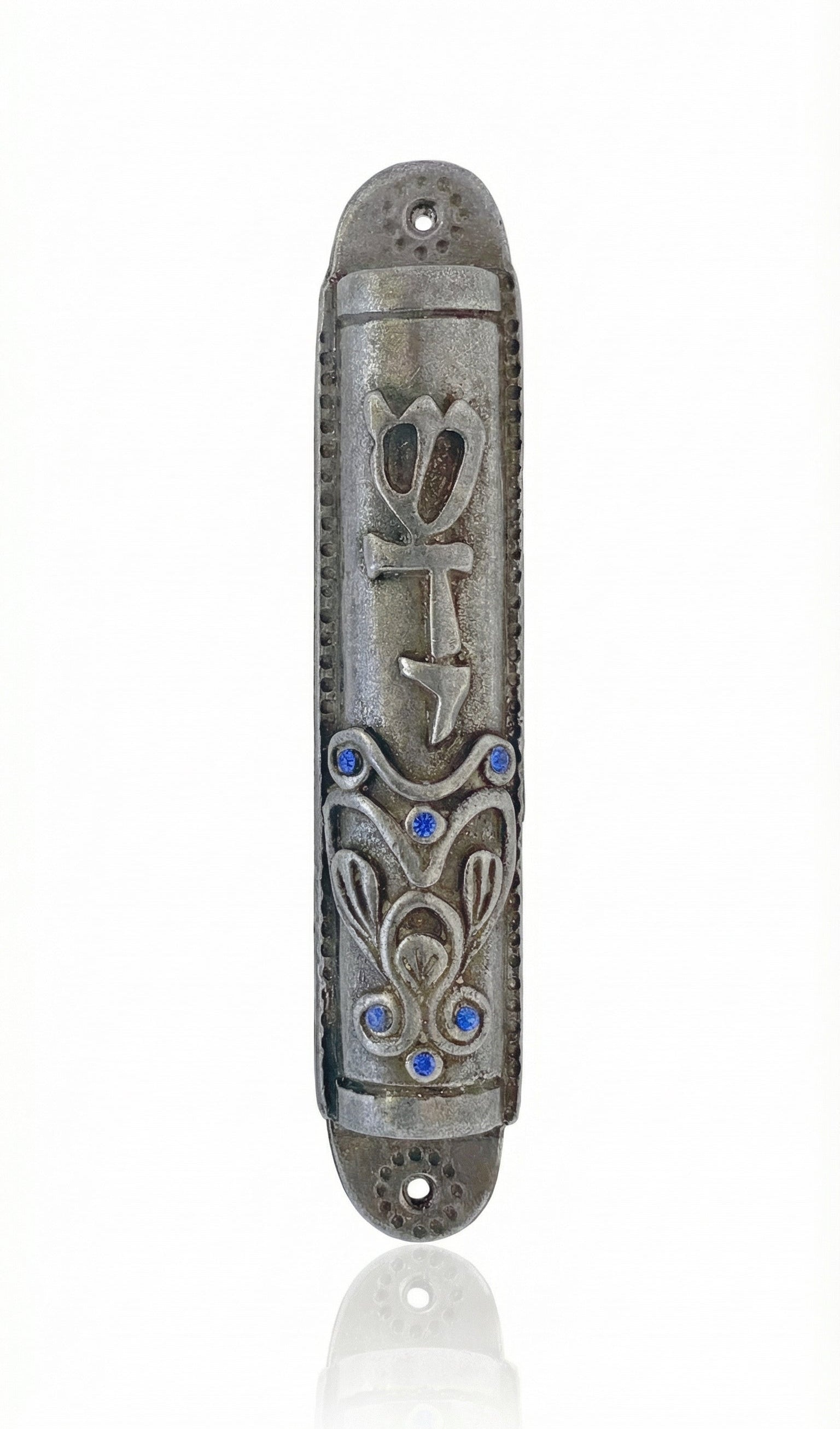 Eli Mezuzah crafted from pewter, 4 inches tall, designed for home doors, with detailed engraved Hebrew letters and decorative motifs.