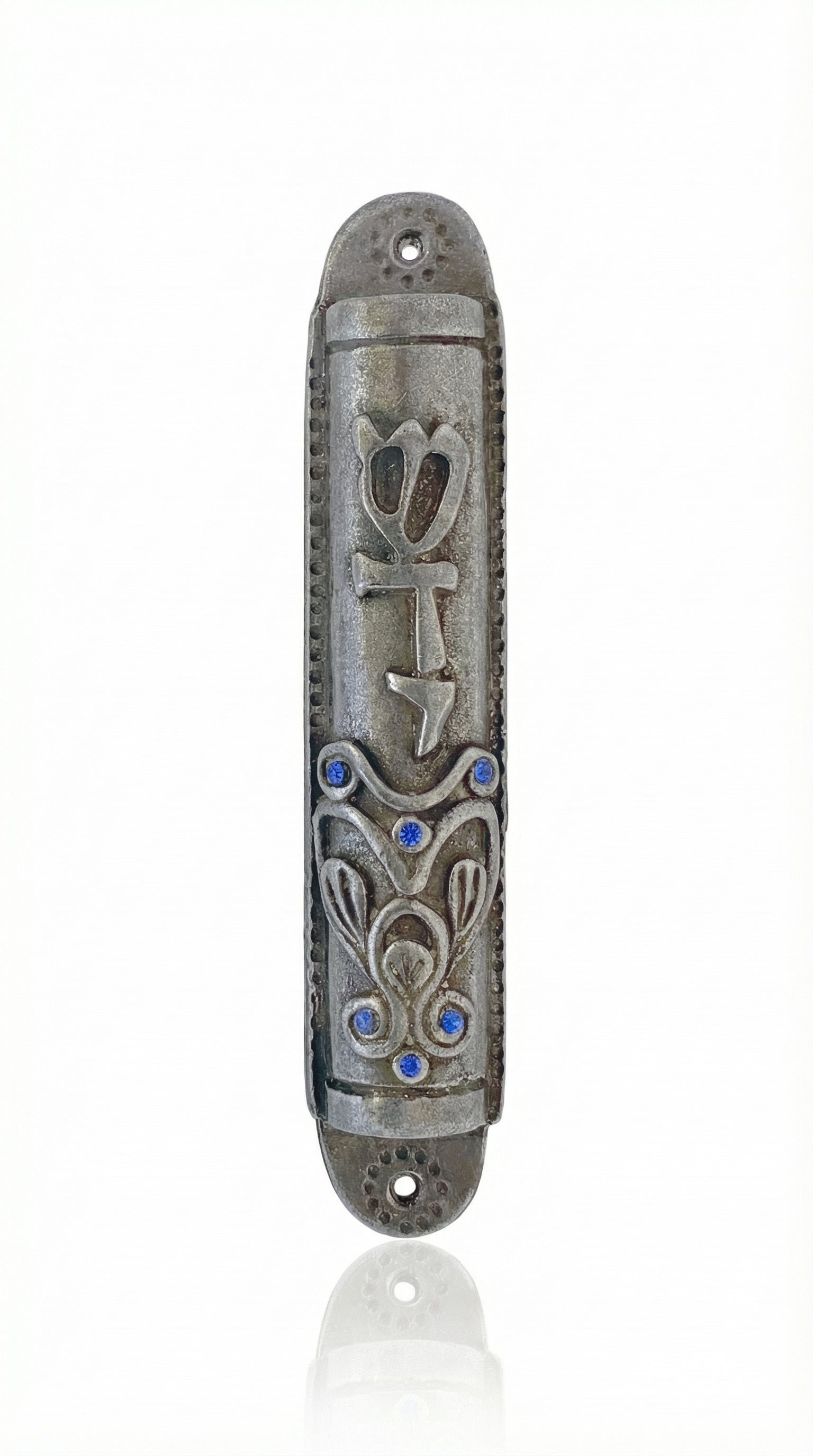 Eli Mezuzah crafted from pewter, 4 inches tall, designed for home doors, with detailed engraved Hebrew letters and decorative motifs.