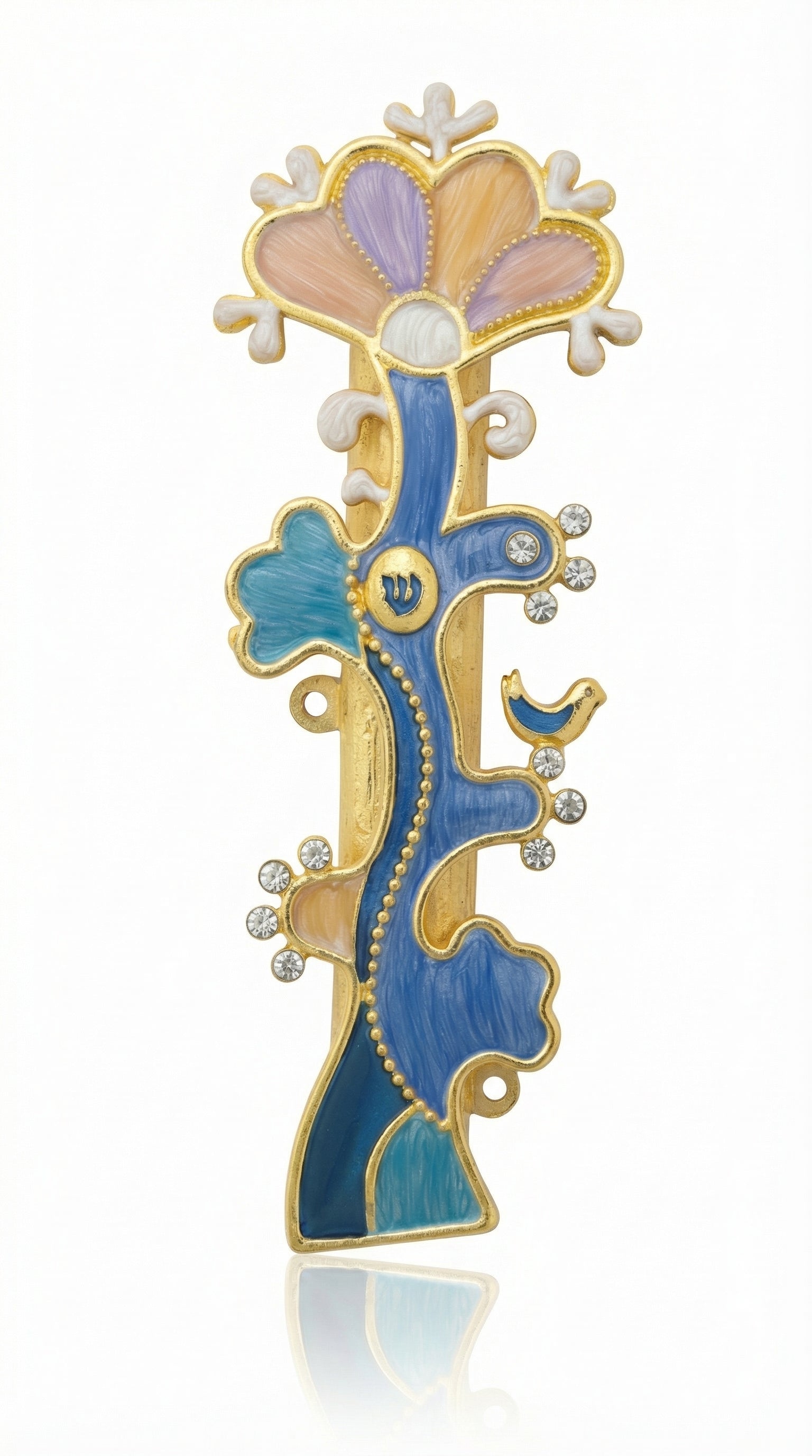 Artistic and unique Enamel Tree of Life Mezuzah cover made of brass, hand painted, with crystal jewel accents
