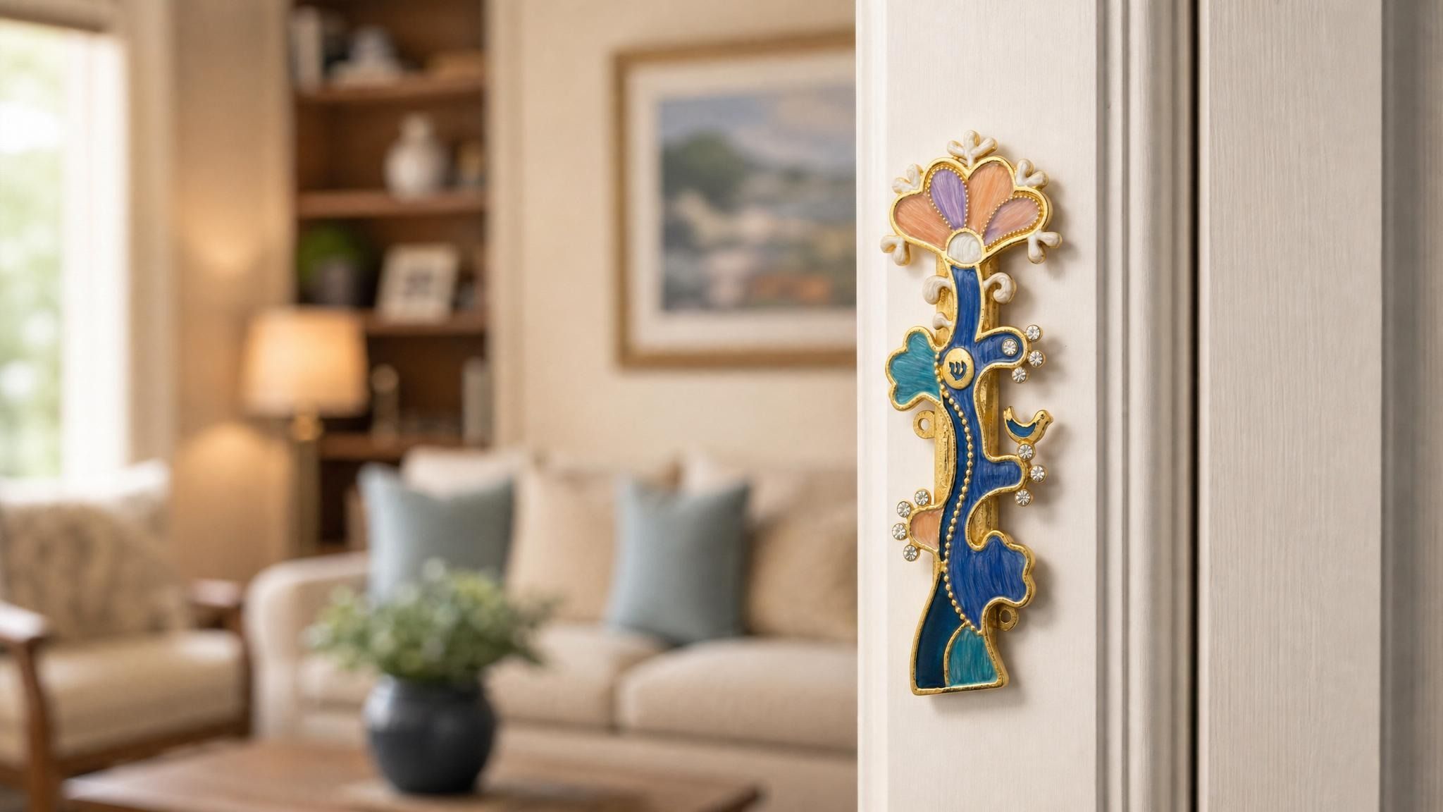 Mounting of the Enamel Tree of Life Mezuzah on a residential doorpost in an indoor setting, showcasing its vibrant colors and detailed design.