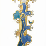 Enamel Tree of Life Mezuzah made of pewter, hand painted, with Hebrew engravings, displayed on a bright white background with soft reflection.