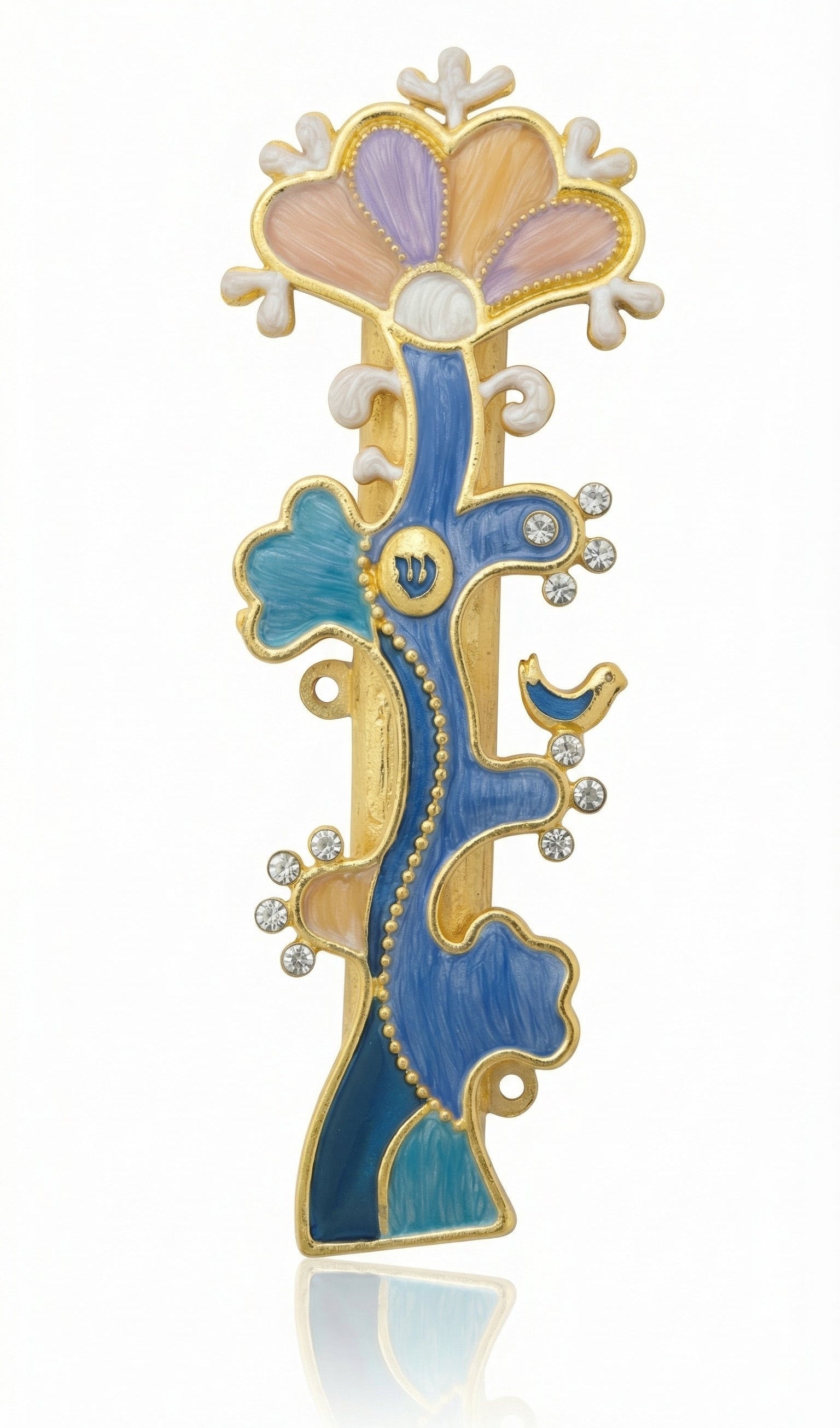 Enamel Tree of Life Mezuzah made of pewter, hand painted, with Hebrew engravings, displayed on a bright white background with soft reflection.