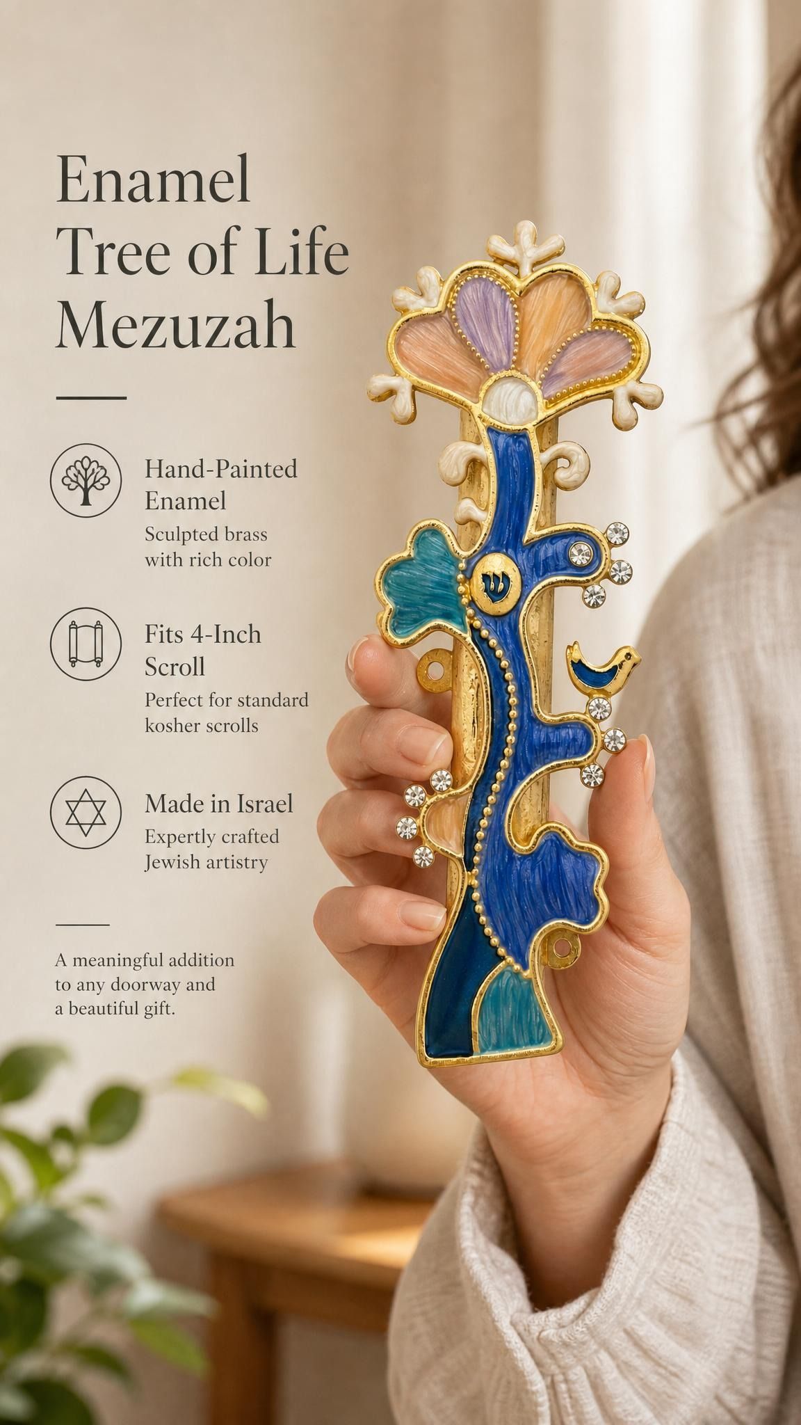 Person holding the brass made unique enamel Tree of Life mezuzah showing craftsmanship and vibrant crystal details