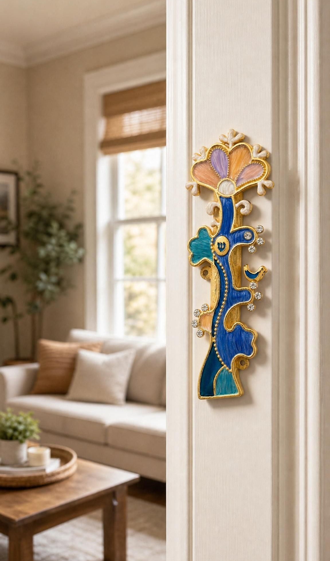 the Enamel Tree of Life Mezuzah cover mounted vertically on a an indoor doorpost near the entryway of a home
