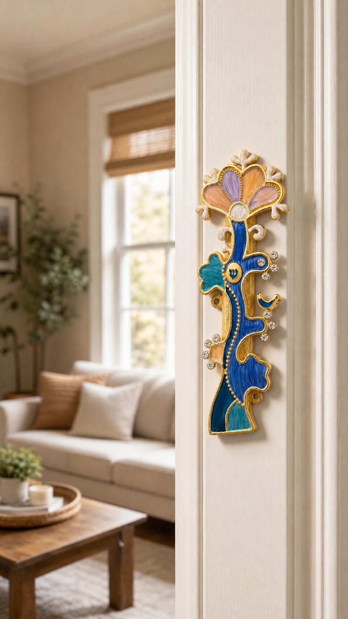 the Enamel Tree of Life Mezuzah cover mounted vertically on a an indoor doorpost near the entryway of a home