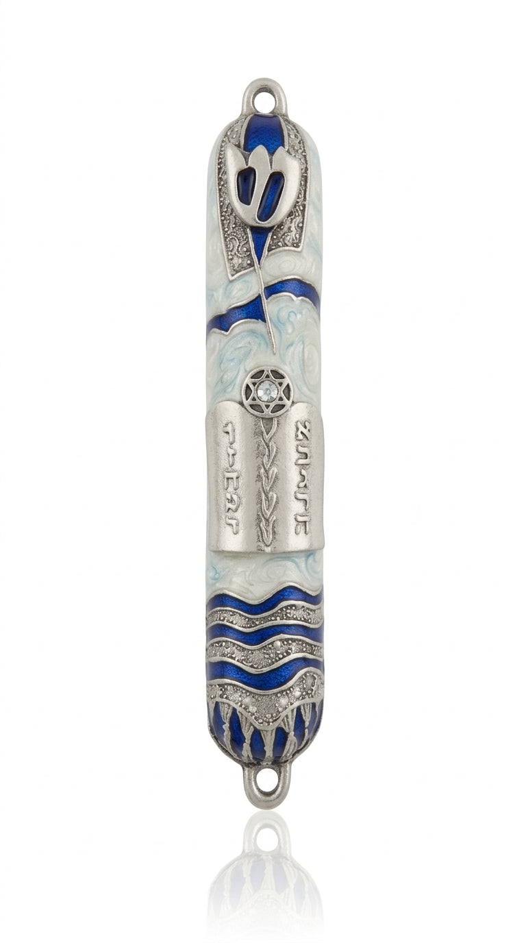 Encircling Tallit Mezuzah with blue enamel shades, sparkling accents, and a shining sequin at the center of a Magen David on a bright white background.