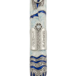 Encircling Tallit Mezuzah with blue enamel shades, sparkling accents, and a shining sequin at the center of a Magen David on a bright white background.