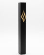 Slim black aluminum mezuzah made in Israel with a raised polished gold eternal-flame emblem on the front