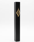 Slim black aluminum mezuzah made in Israel with a raised polished gold eternal-flame emblem on the front