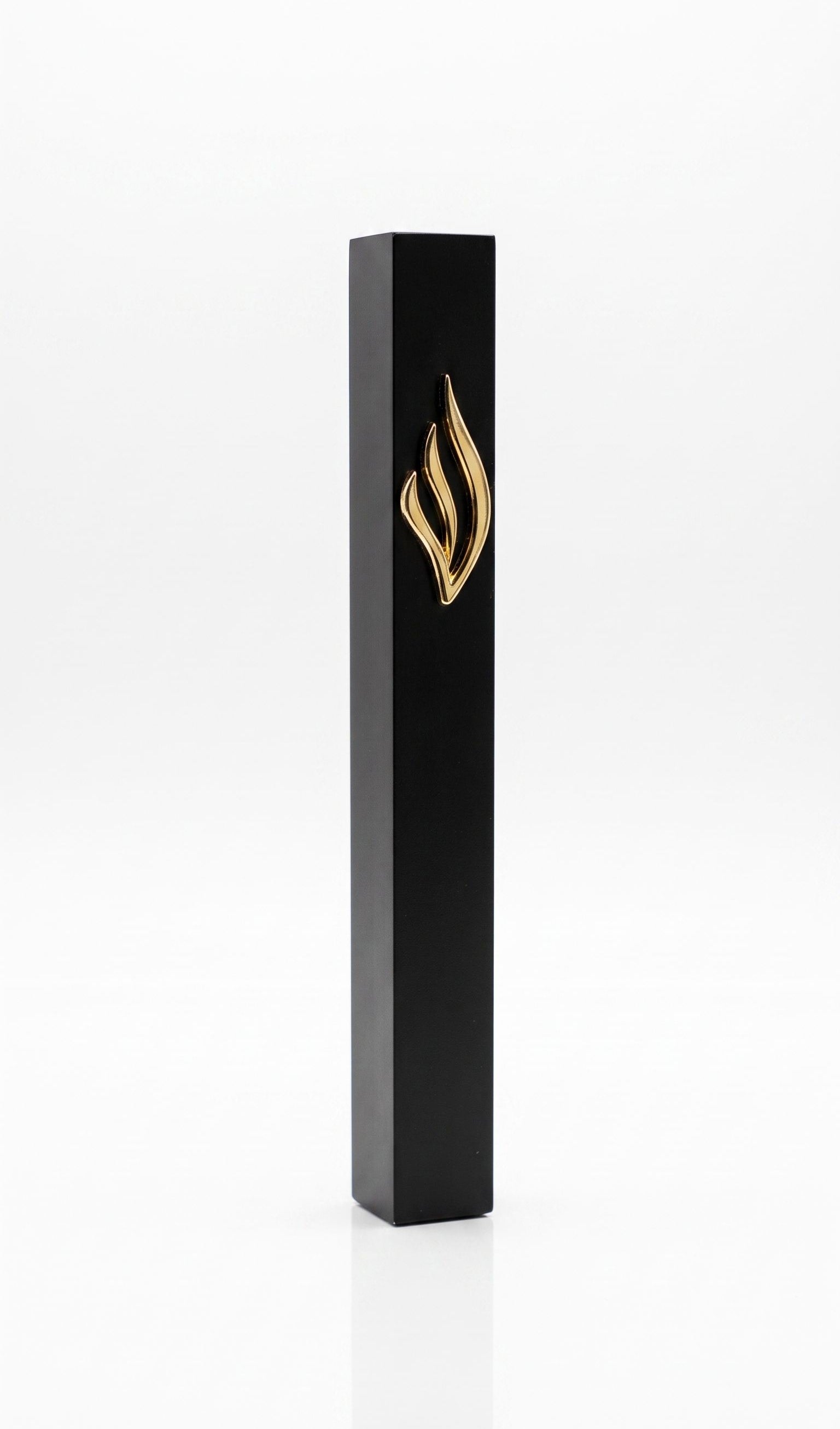 Slim black aluminum mezuzah made in Israel with a raised polished gold eternal-flame emblem on the front