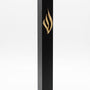 Slim black aluminum mezuzah made in Israel with a raised polished gold eternal-flame emblem on the front