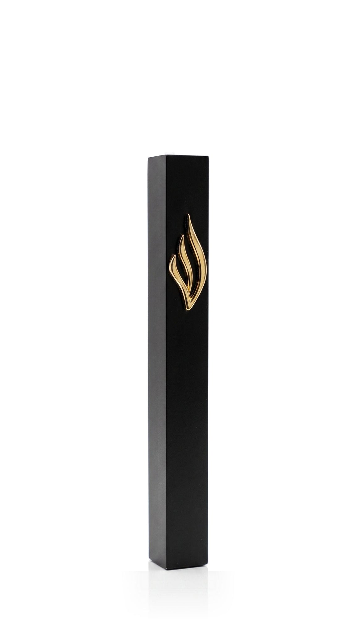 Eternal Flame Black Aluminum mezuzah cover with a smooth dark rectangular body and a polished gold flame emblem, giving the slim modern Judaica design a warm metallic focal point for an indoor or outdoor Jewish home entrance