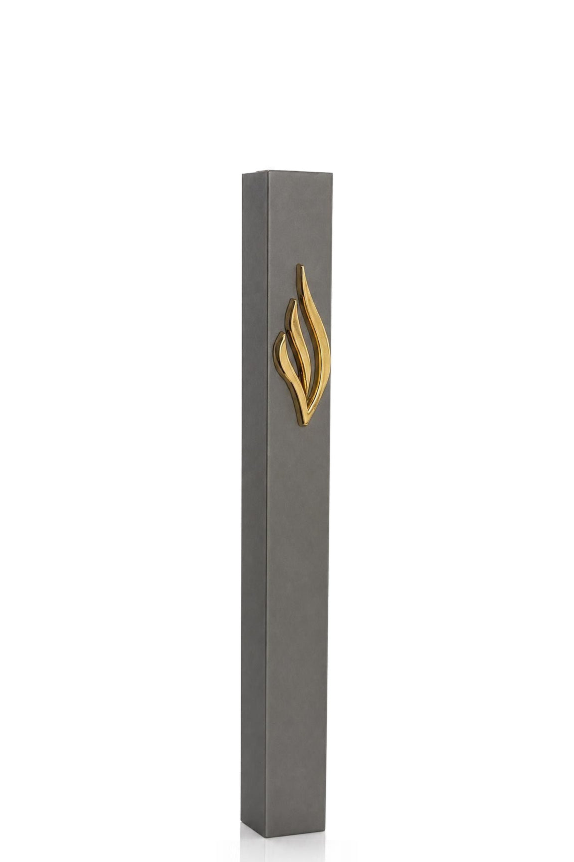 Eternal Flame Charcoal Gray Aluminum mezuzah cover with a dark gray rectangular body and polished gold flame emblem, pairing a muted contemporary metal finish with a warm Jewish decorative symbol for an indoor or outdoor doorway