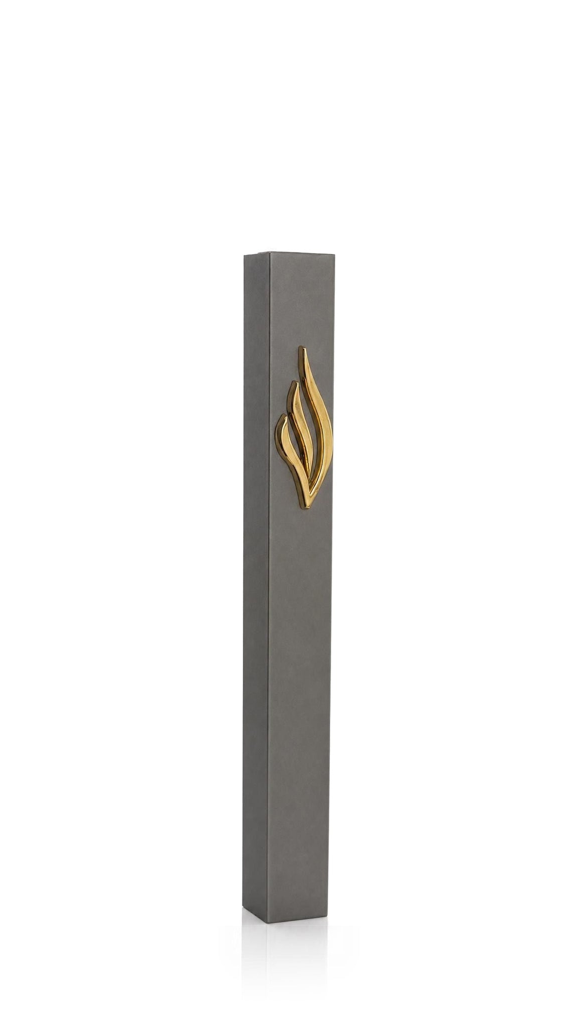 Eternal Flame Charcoal Gray Aluminum mezuzah cover with a dark gray rectangular body and polished gold flame emblem, pairing a muted contemporary metal finish with a warm Jewish decorative symbol for an indoor or outdoor doorway