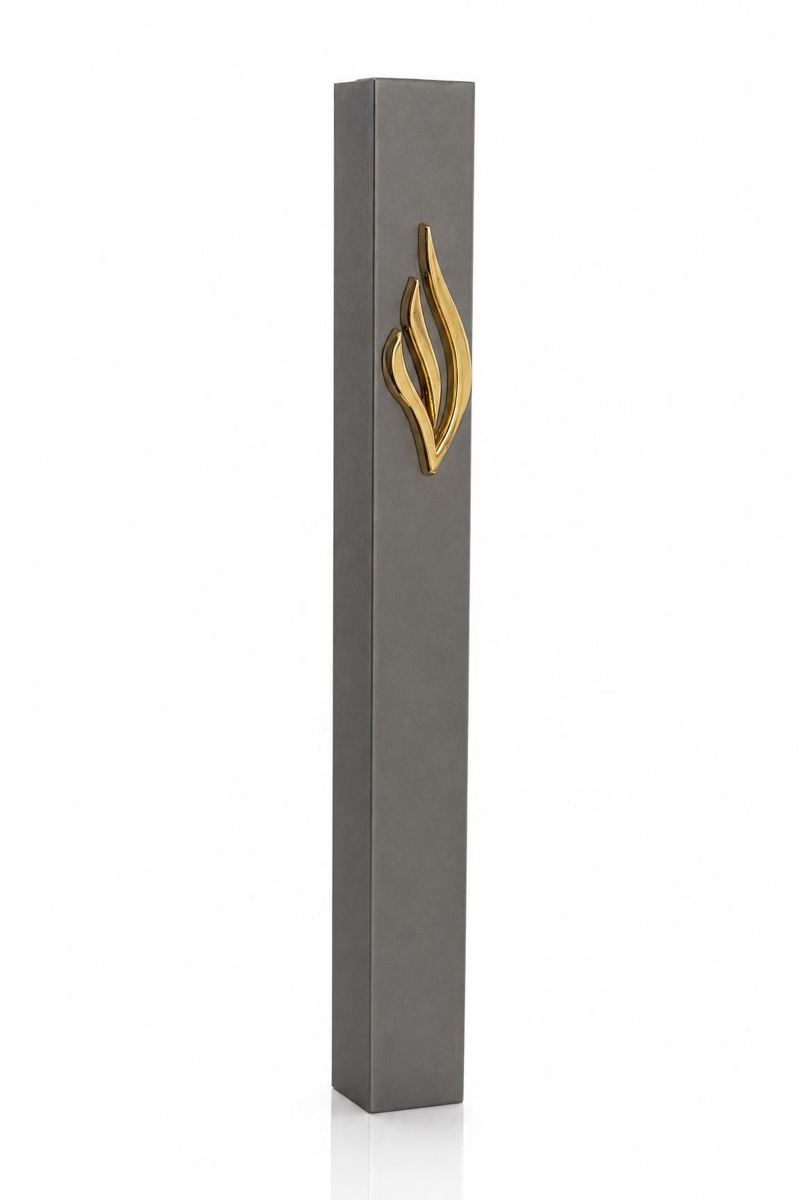 Eternal Flame charcoal gray aluminum mezuzah case with raised polished gold ner tamid emblem