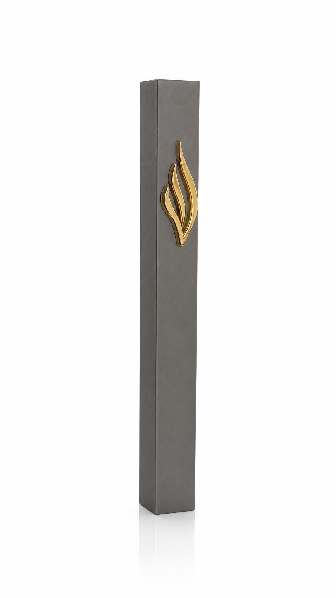 Eternal Flame charcoal gray aluminum mezuzah case with raised polished gold ner tamid emblem