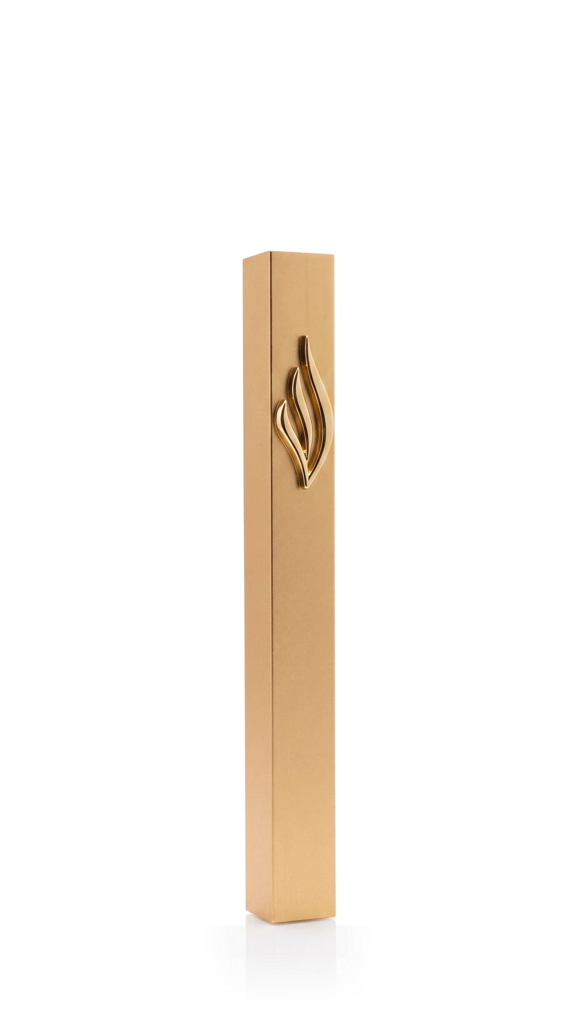 Eternal Flame Gold Aluminum mezuzah cover with a warm gold-toned body and polished flame emblem, bringing a unified metallic finish and clean rectangular proportions to a modern Judaica piece for a Jewish entrance