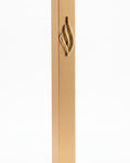 Close-up of the Eternal Flame Gold Aluminum Mezuzah with Hebrew emblem and slim rectangular shape, suitable for indoor and outdoor doors.