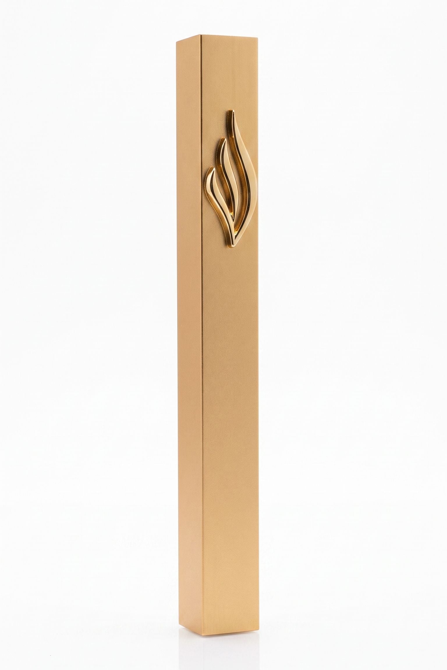 Close-up of the Eternal Flame Gold Aluminum Mezuzah with Hebrew emblem and slim rectangular shape, suitable for indoor and outdoor doors.