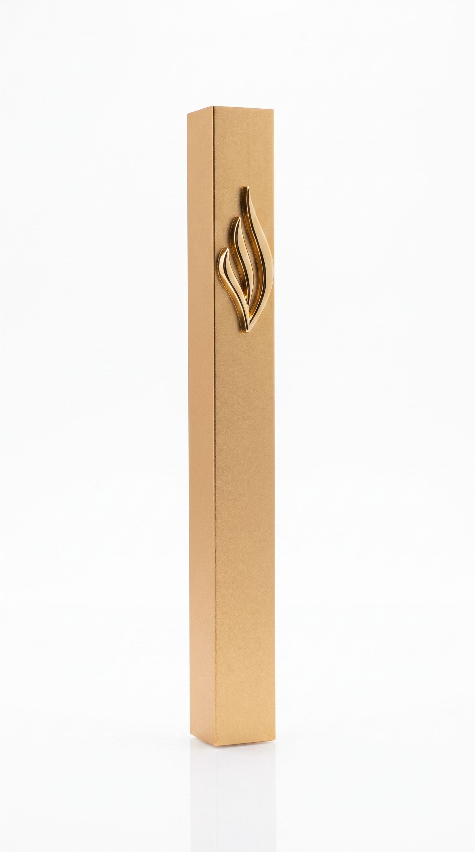 Close-up of the Eternal Flame Gold Aluminum Mezuzah with Hebrew emblem and slim rectangular shape, suitable for indoor and outdoor doors.