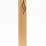 Close-up of the Eternal Flame Gold Aluminum Mezuzah with Hebrew emblem and slim rectangular shape, suitable for indoor and outdoor doors.