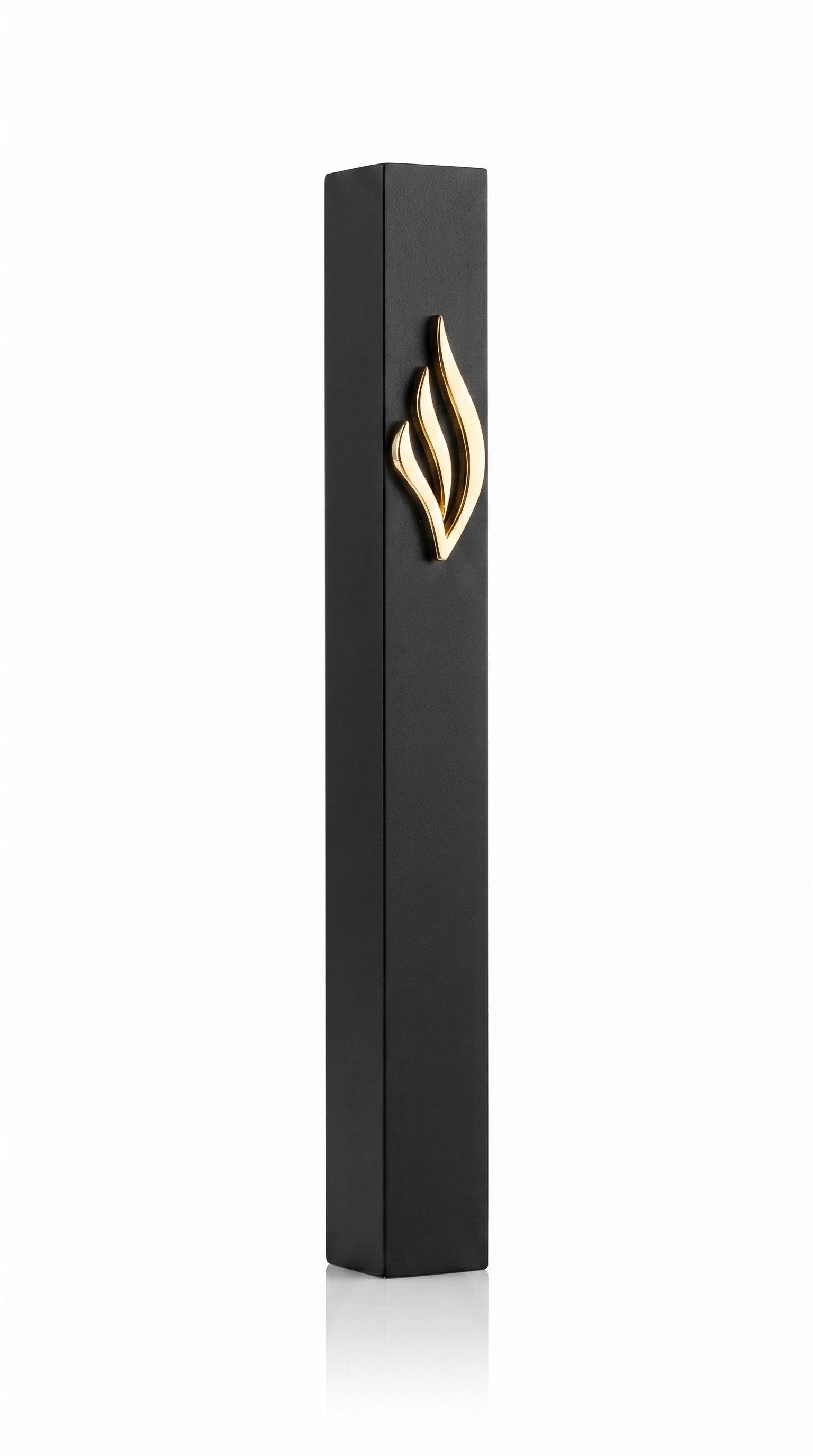 Close-up of black and gold Eternal Flame Mezuzah mounted on a show-perfect white background, showcasing its elegant design and materials.