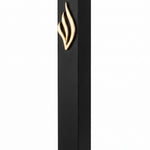 Eternal Flame Mezuzah made in Israel with black and gold aluminum, designed for indoor and outdoor doorways, sealed scroll chamber.