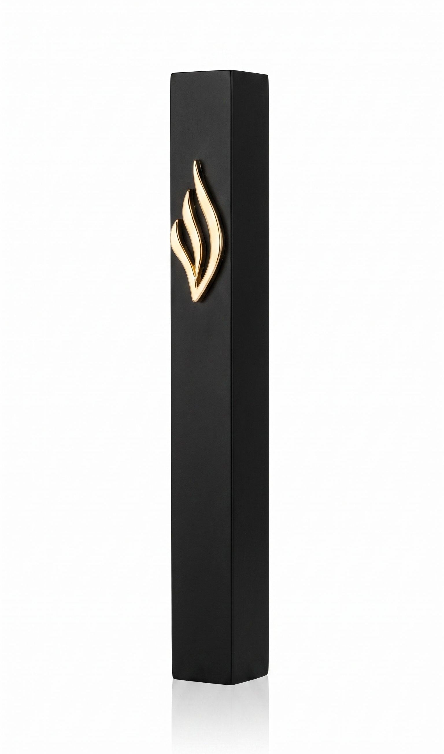 Eternal Flame Mezuzah made in Israel with black and gold aluminum, designed for indoor and outdoor doorways, sealed scroll chamber.