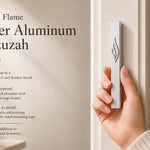 the Eternal Flame Silver Aluminum Mezuzah, showing the slim silver mezuzah case on a doorway with its raised ner tamid and stylized Shin, plus Made in Israel, waterproof construction, 5-inch kosher scroll fit, and mounting details
