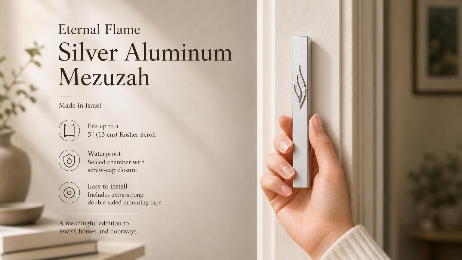 the Eternal Flame Silver Aluminum Mezuzah, showing the slim silver mezuzah case on a doorway with its raised ner tamid and stylized Shin, plus Made in Israel, waterproof construction, 5-inch kosher scroll fit, and mounting details