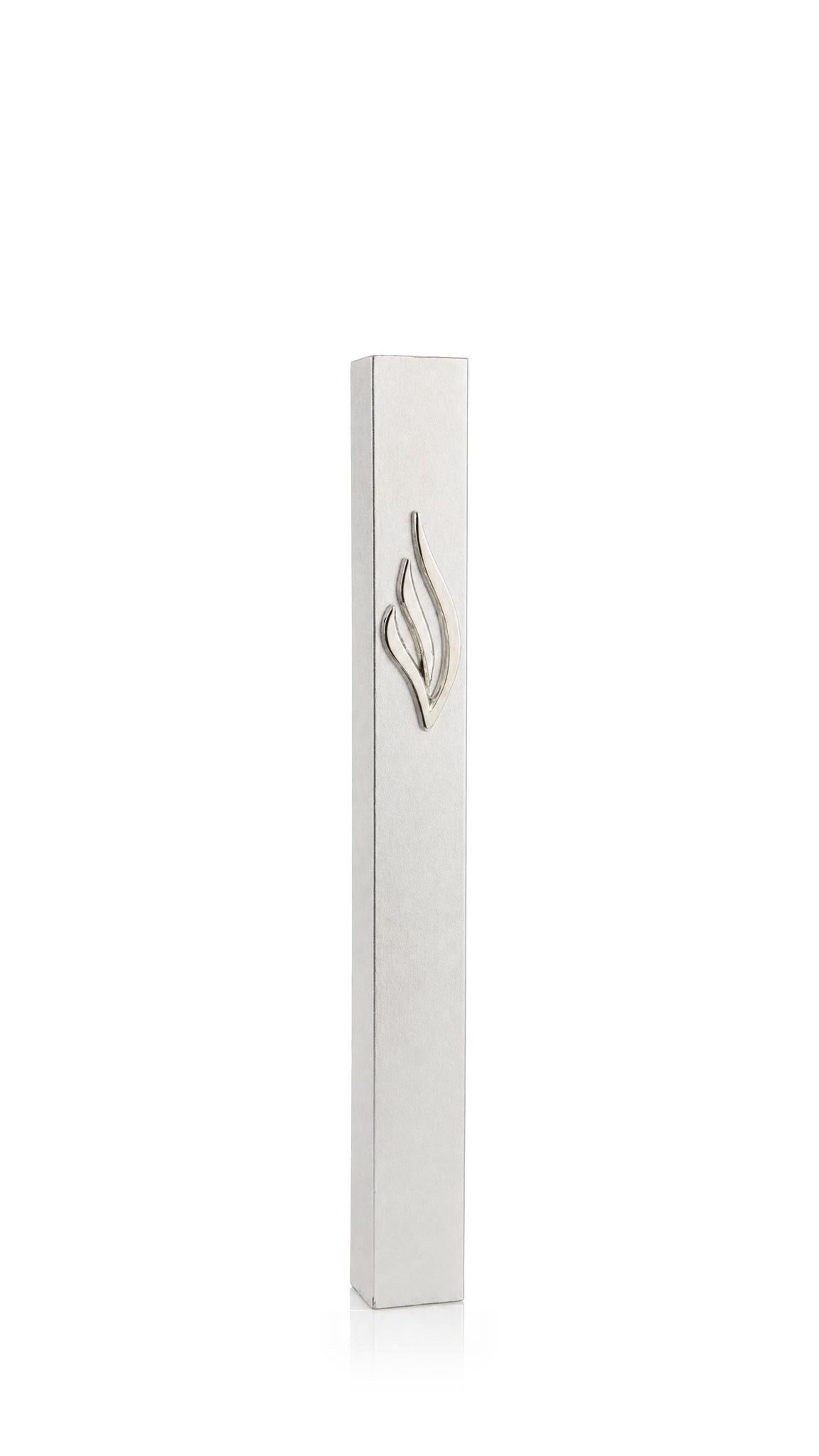 Eternal Flame Silver Aluminum mezuzah cover with a cool silver-colored rectangular body and polished silver flame emblem, creating a tonal minimalist Judaica design with clean lines for contemporary Jewish home doorways
