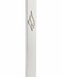 Silver aluminum mezuzah with eternal flame emblem, front view on white background, precise details visible.