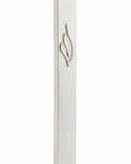 Silver aluminum mezuzah with eternal flame emblem, front view on white background, precise details visible.