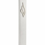 Silver aluminum mezuzah with eternal flame emblem, front view on white background, precise details visible.