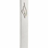 Silver aluminum mezuzah with eternal flame emblem, front view on white background, precise details visible.