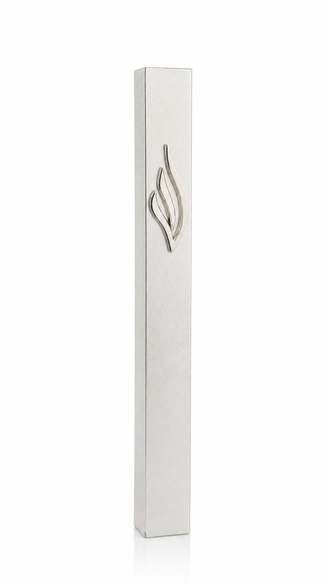 Silver aluminum mezuzah with eternal flame emblem, front view on white background, precise details visible.