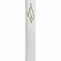 Silver aluminum mezuzah with eternal flame emblem, front view on white background, precise details visible.