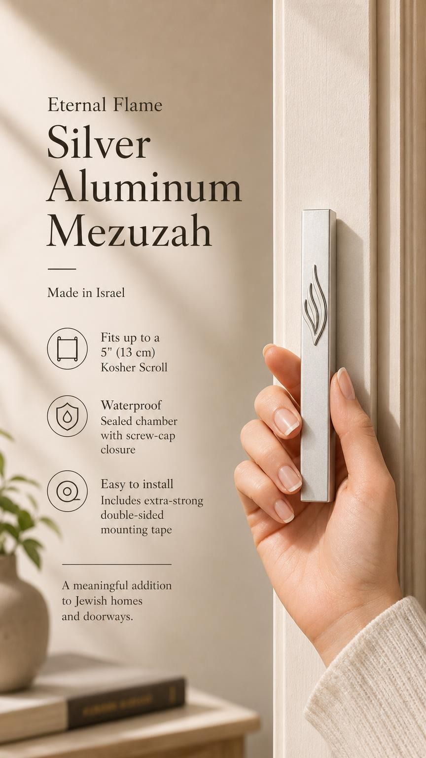 Eternal Flame silver aluminum mezuzah case held against a light-colored doorpost, showing its slim profile and raised ner tamid emblem; made in Israel, waterproof, and sized for up to a 5-inch kosher scroll