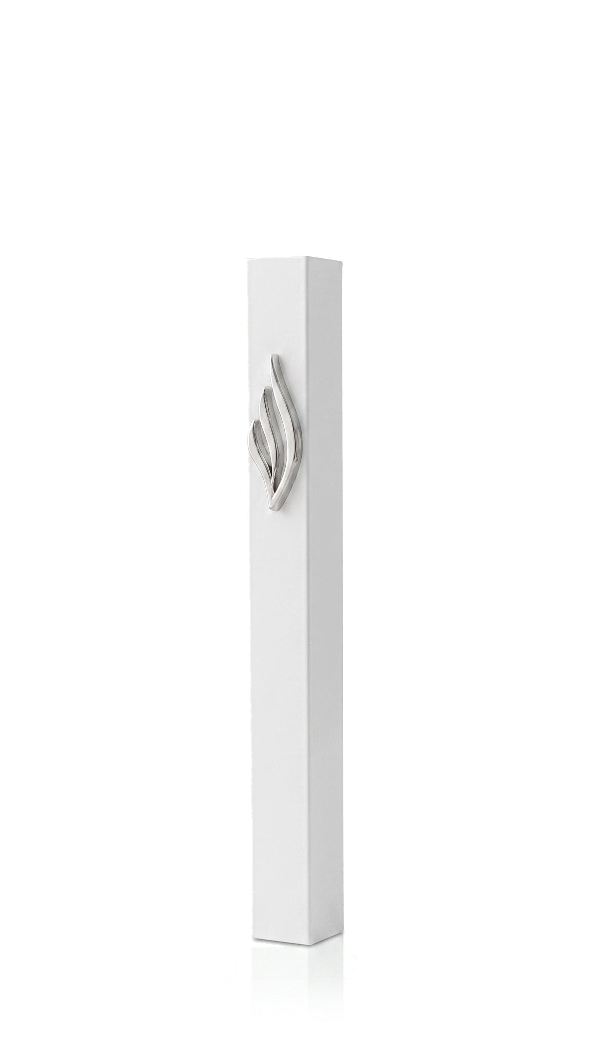Eternal Flame White Aluminum mezuzah cover with a bright white rectangular face and polished silver flame emblem, combining a light minimalist finish with meaningful Jewish detail for modern indoor and outdoor doorways