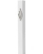 Slim white aluminum mezuzah made in Israel with a raised polished silver eternal-flame emblem on the front