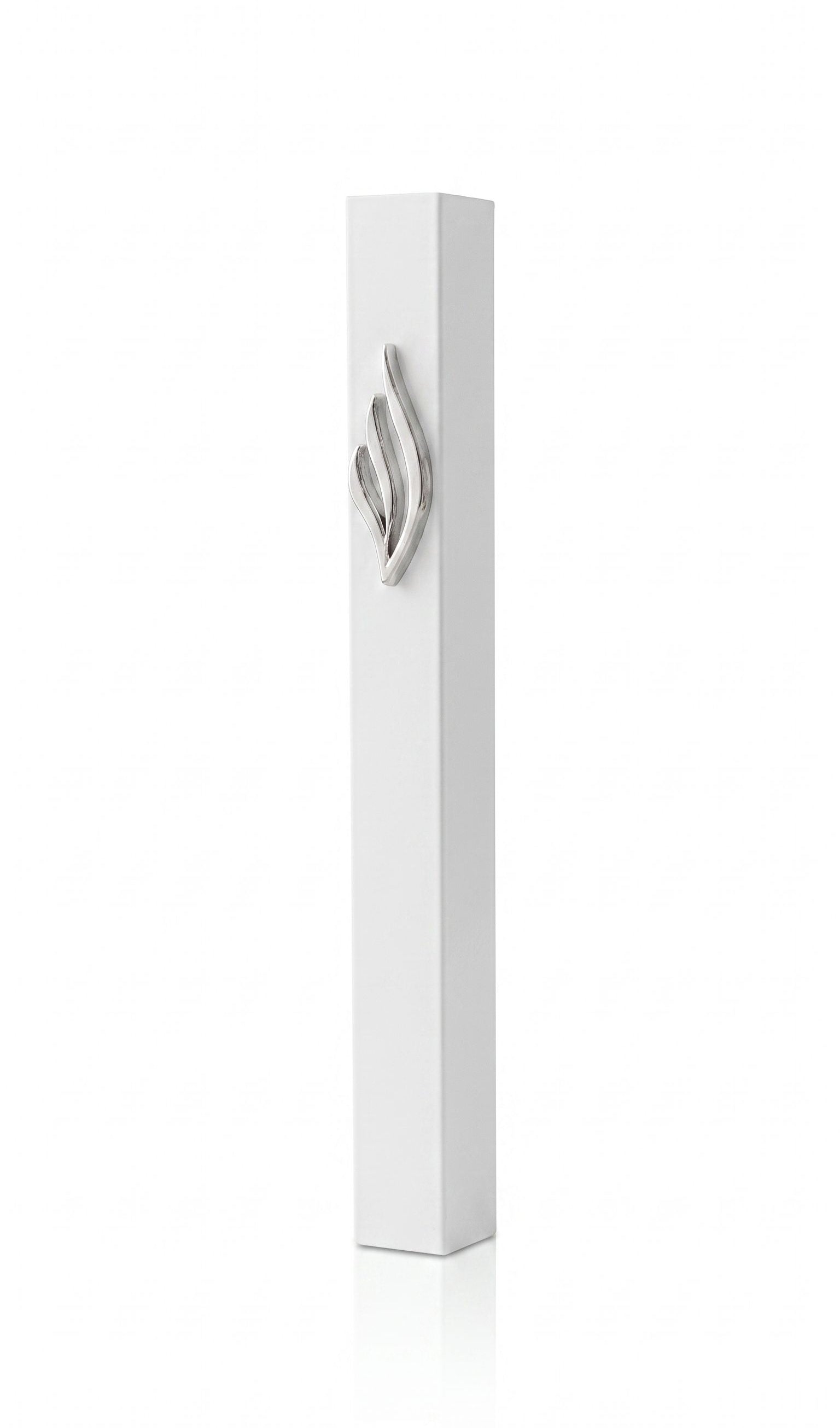 Slim white aluminum mezuzah made in Israel with a raised polished silver eternal-flame emblem on the front