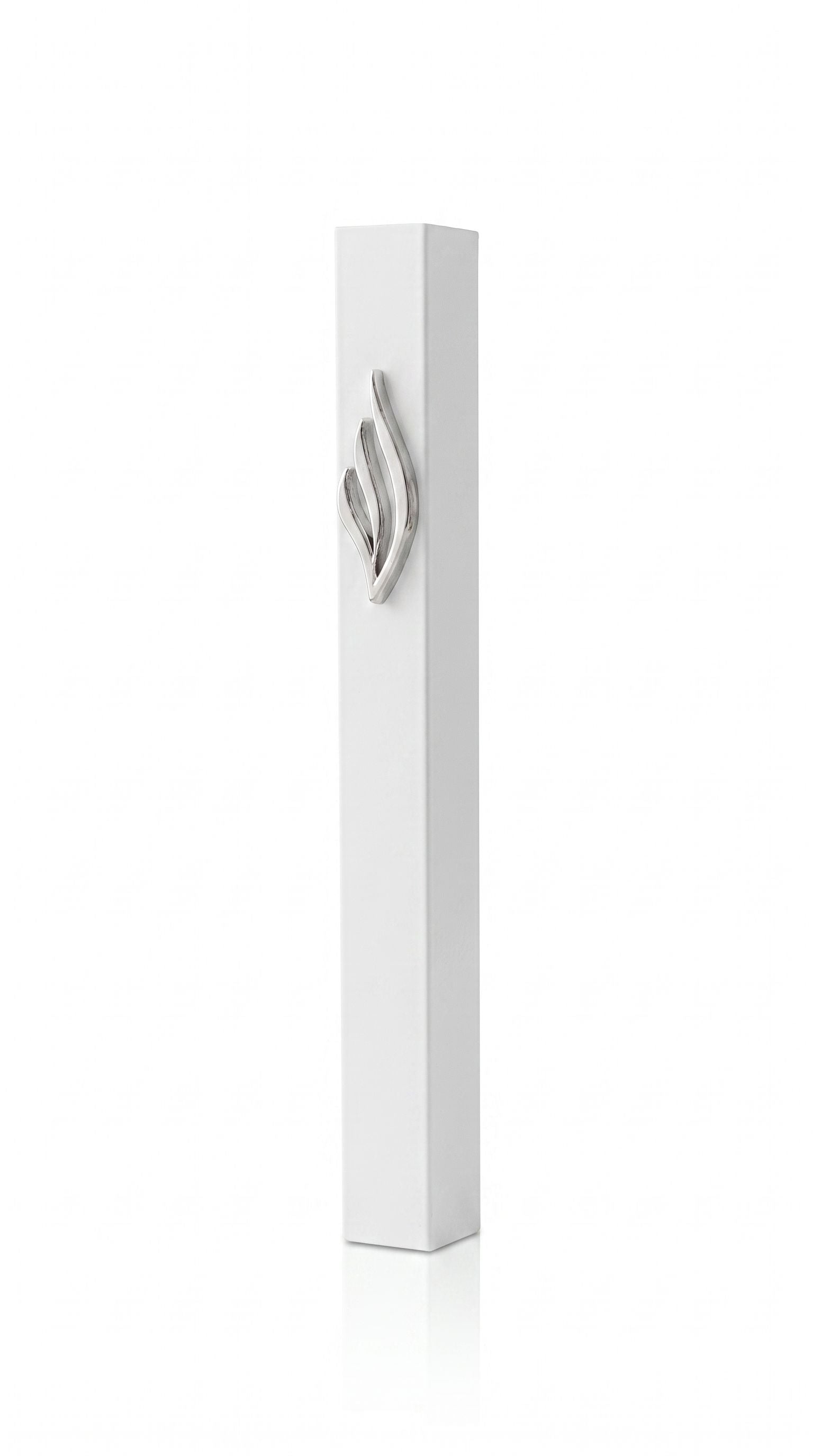 Slim white aluminum mezuzah made in Israel with a raised polished silver eternal-flame emblem on the front