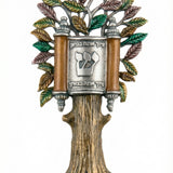 Large Etz Hayim Mezuzah with open Torah scroll, intricate details, and religious motifs on a white studio background with soft reflection.