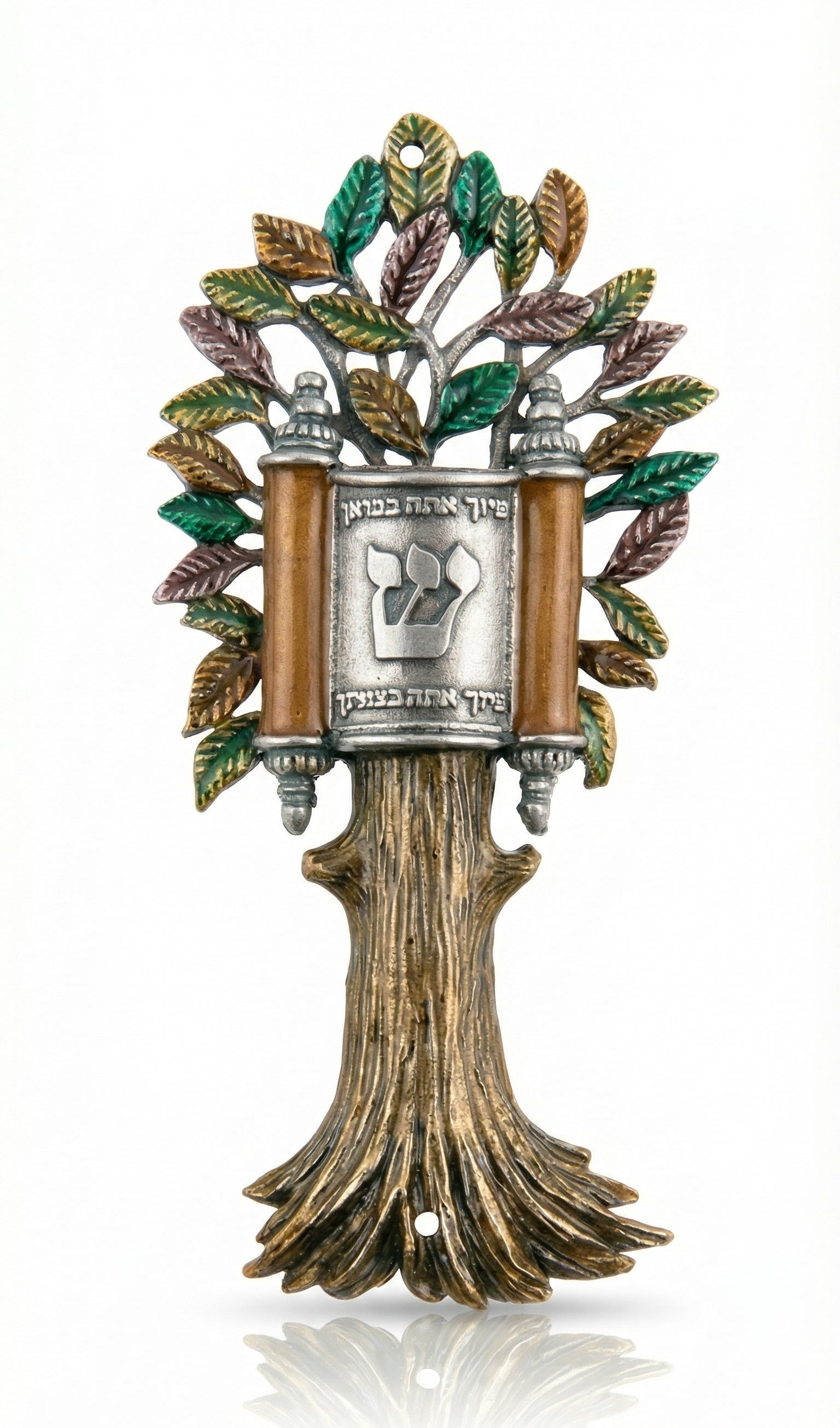 Large Etz Hayim Mezuzah with open Torah scroll, intricate details, and religious motifs on a white studio background with soft reflection.
