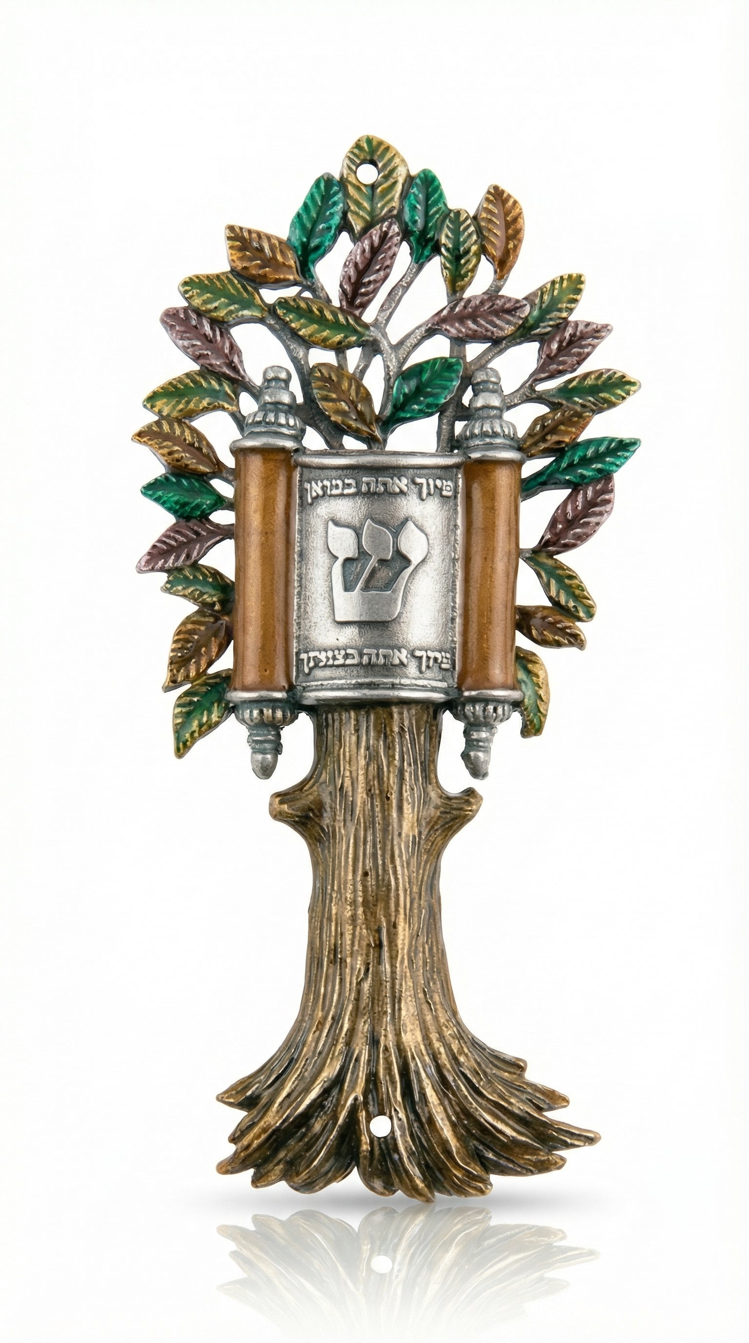 Large Etz Hayim Mezuzah with open Torah scroll, intricate details, and religious motifs on a white studio background with soft reflection.