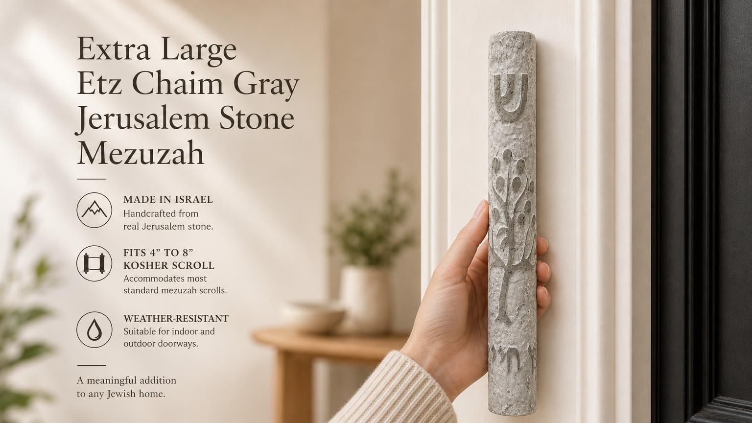 Extra Large Etz Chaim Gray Jerusalem Stone Mezuzah, a 9-inch Israeli stone mezuzah case with natural gray tonal variation and a carved Etz Chaim Tree of Life design for prominent front doors, entryways, offices, and synagogues
