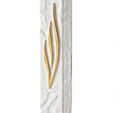 Angled view of the Extra Large Golden Esh White Concrete Mezuzah, a waterproof textured white mezuzah case made in Israel with a sweeping gold flame-style Shin, large enough for a kosher mezuzah scroll up to 8 inches